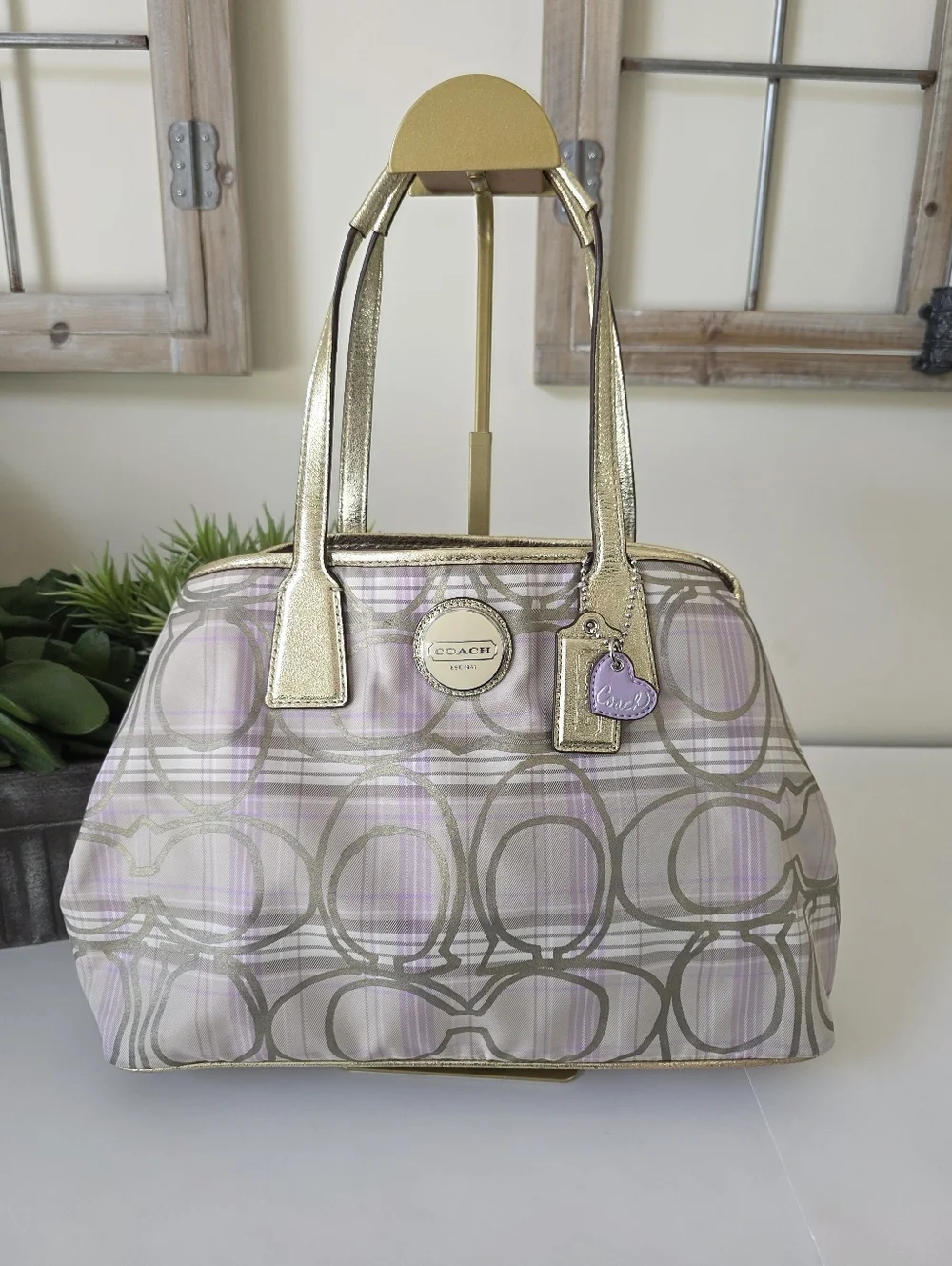 Coach Striped Tartan Plaid Carryall Shoulder Bag